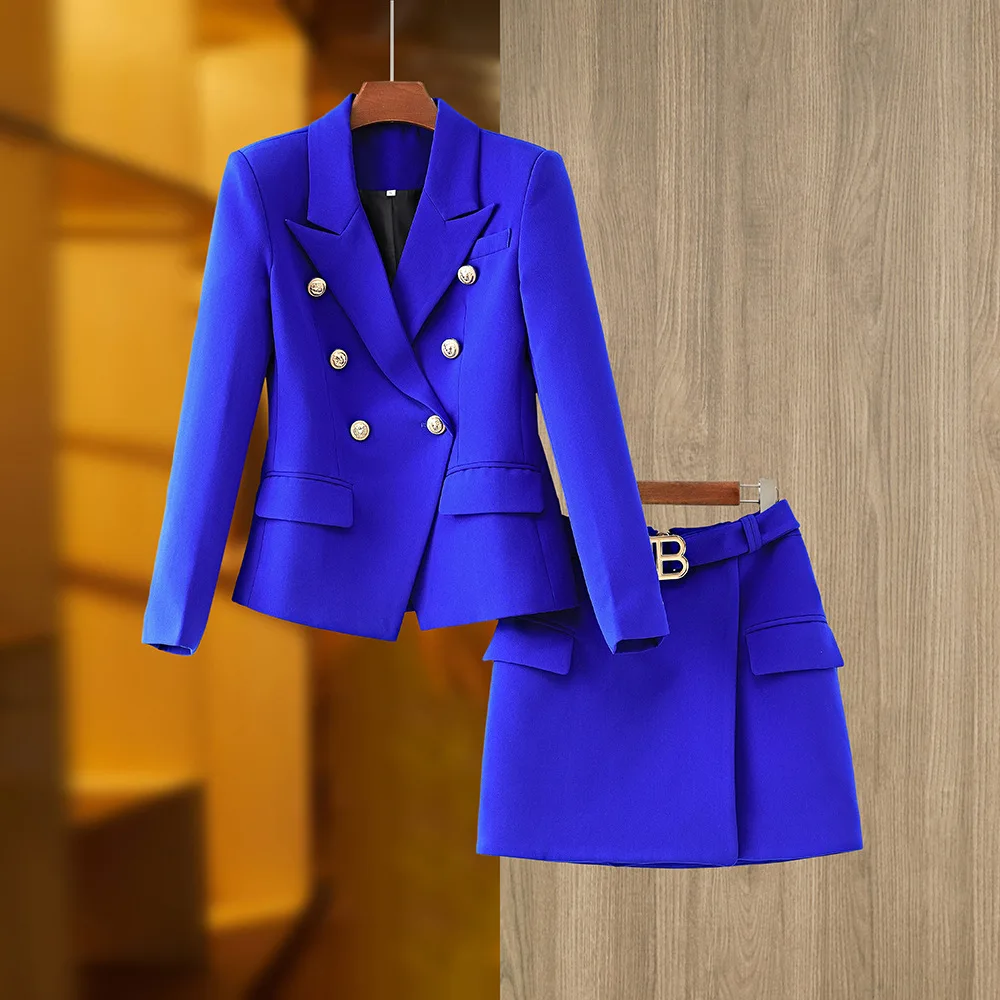 Spring and autumn new multi-color double-breasted suit jacket + gold B-line buckle belt back zip wrap hip skirt commuter suit