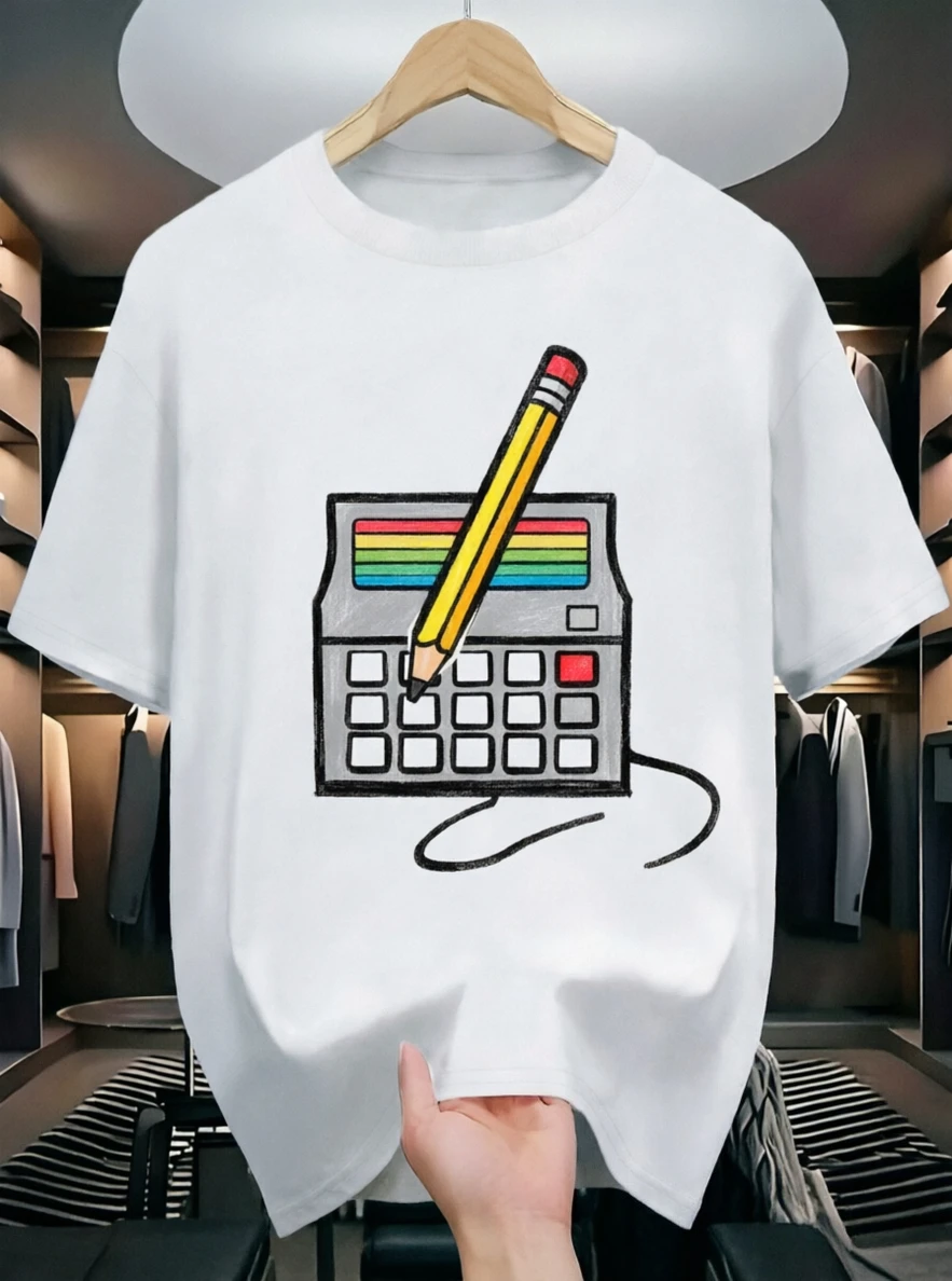 Retro Calculator with Pencil Print Men's T-shirt 90s Nostalgia Tech Graphic Cotton Short Sleeve Tee Casual Tops
