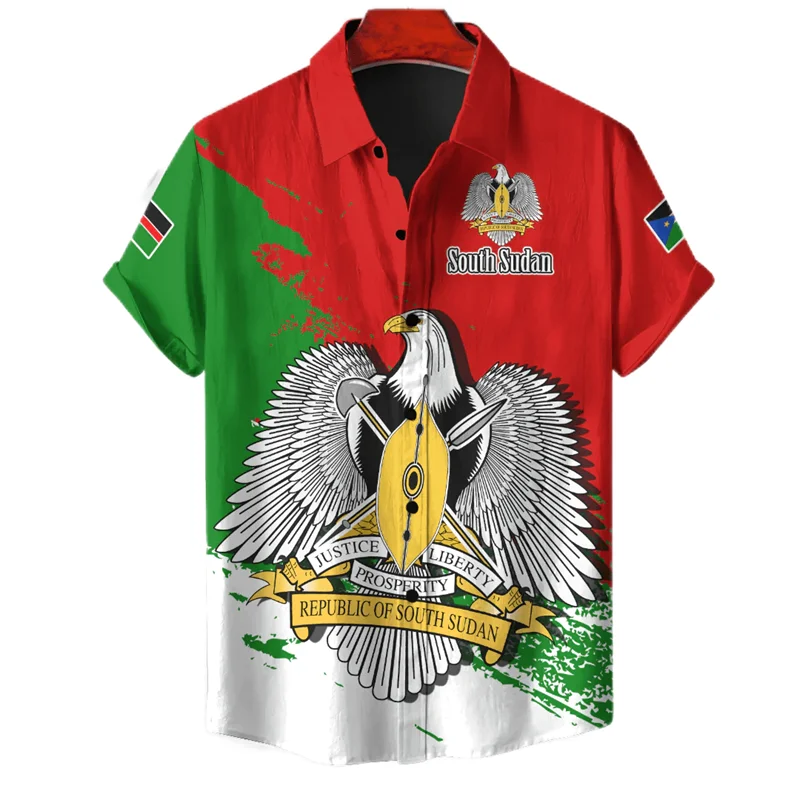 

Africa South Sudan Map Flag 3D Print Shirts For Men Clothes National Emblem Beach Shirts Patriotic Coat Of Arms Blouses Male Top