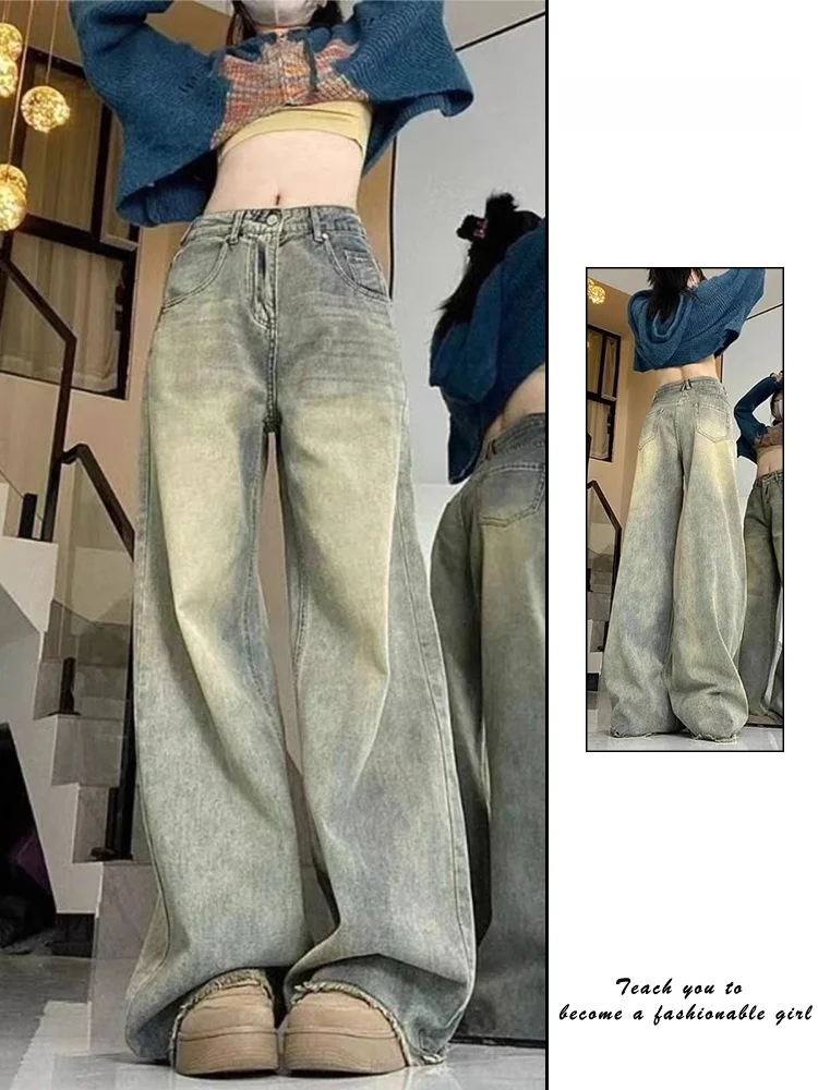 

Retro Faded Cement Yellow Straight Leg Denim Jeans Women's High Waist Loose Wide Leg Frayed Floor-Length Pants Autumn New Style