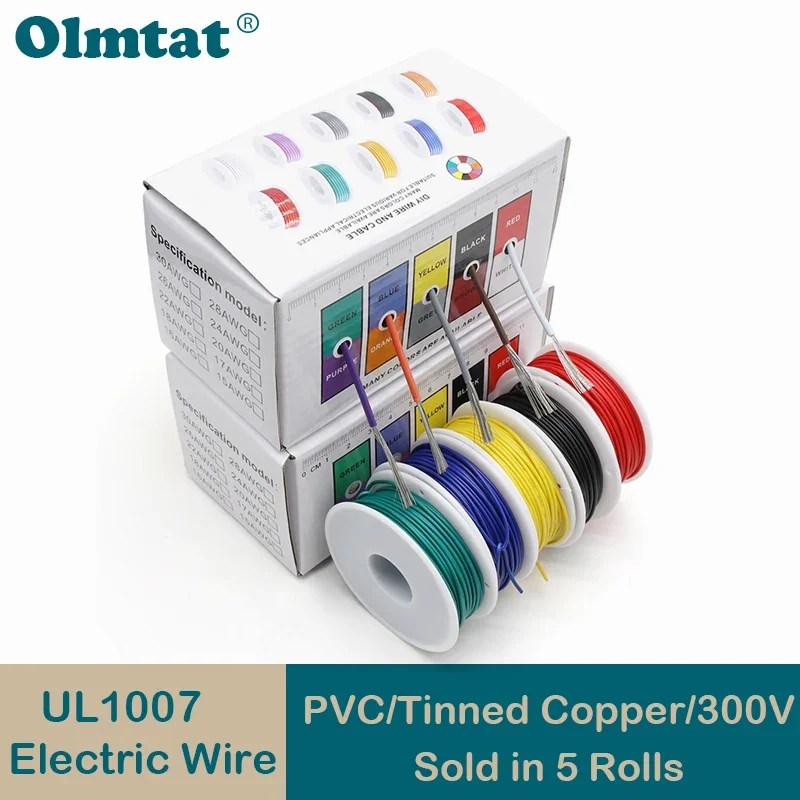 （5 Colors Mix Kit）UL1007 Wire PVC Insulation Tinned Copper Cable Stranded Electrical Line 30/28/26/24/22/20/18/16 AWG PCB Wire