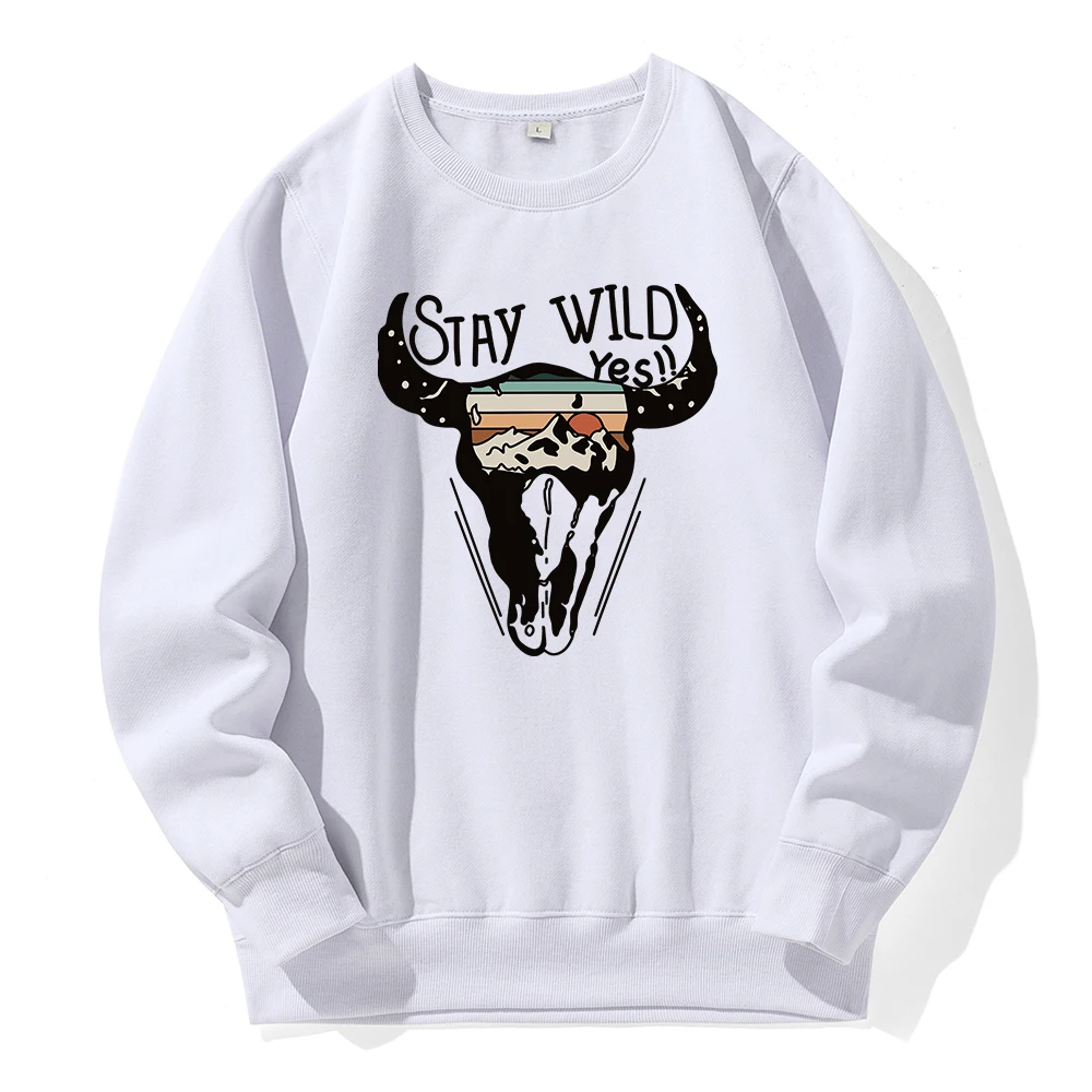 Stay Wild Western World Bison Printing Hoody Man Comfortable Fleece Warm Streetwear Casual Fashion Pullovers O-Neck Loose Hooded