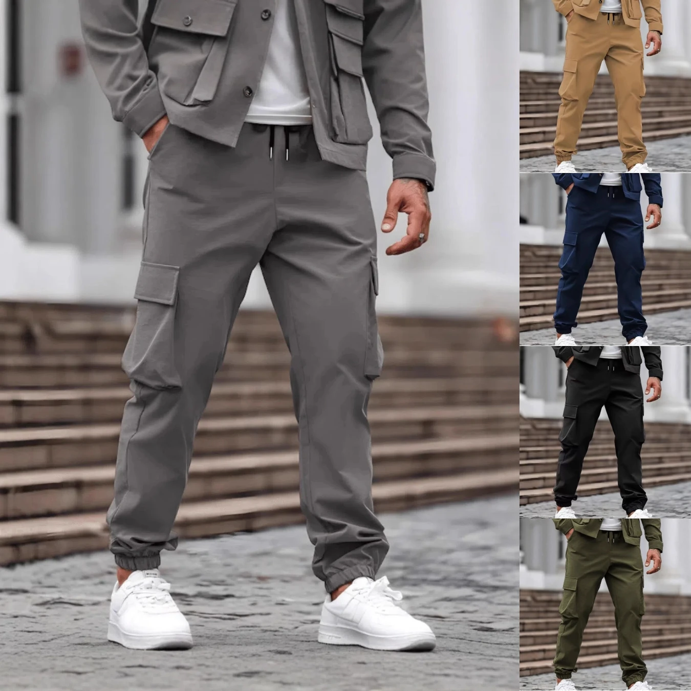 

Spring and autumn new men's solid-color work pants, casual and fashionable multi-pocket loose sporty casual pants