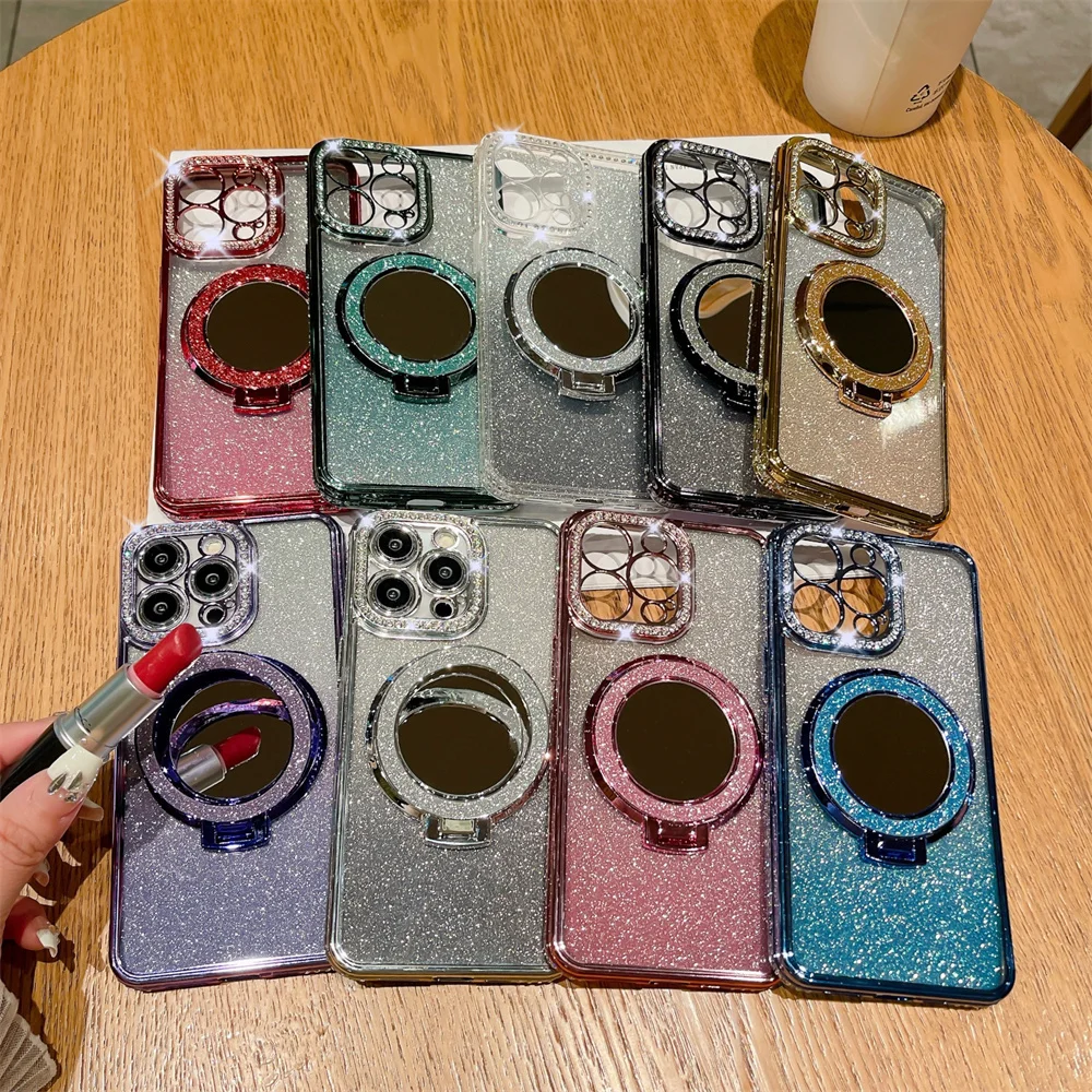 for Magsafe Glitter Bracket Soft Case for Samsung Galaxy S24 Ultra S23 S22 Plus Gradient Mirror Make Up Ring Holder Stand Cover