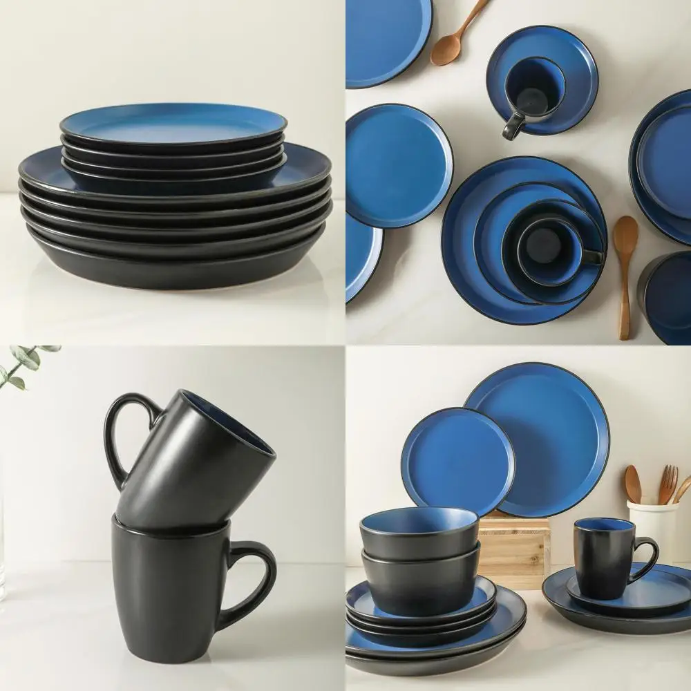 

Полный набор посуды из 16 предметов на 4 персоны: 8 обеденных тарелок, 4 салатницы, 4 миски, 4 кружки