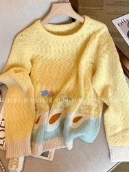 French Elegant Sweet Sweater O-Neck Oversized Funny Floral Duck Print  Knitted Pullover Yellow Casual Jumper 2023 Autumn Winter