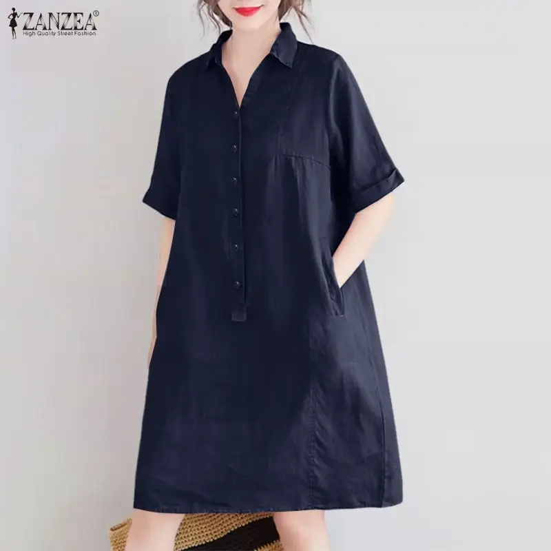 2026 ZANZEA Vintage Einfarbiges Midi-Kleid Damen Sommerkleid Lässiges Hemdkragen-Kurzarmkleid Arbeitskleid mit Knöpfen Vestidos