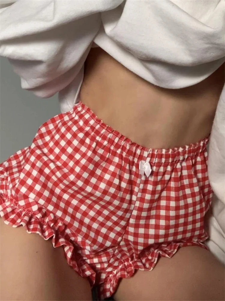 

Women's Summer Casual Pajama Shorts Elastic Band Ruffle Trim/Plaid/Solid Color/Duck Print Loose Lounge Shorts Streetwear