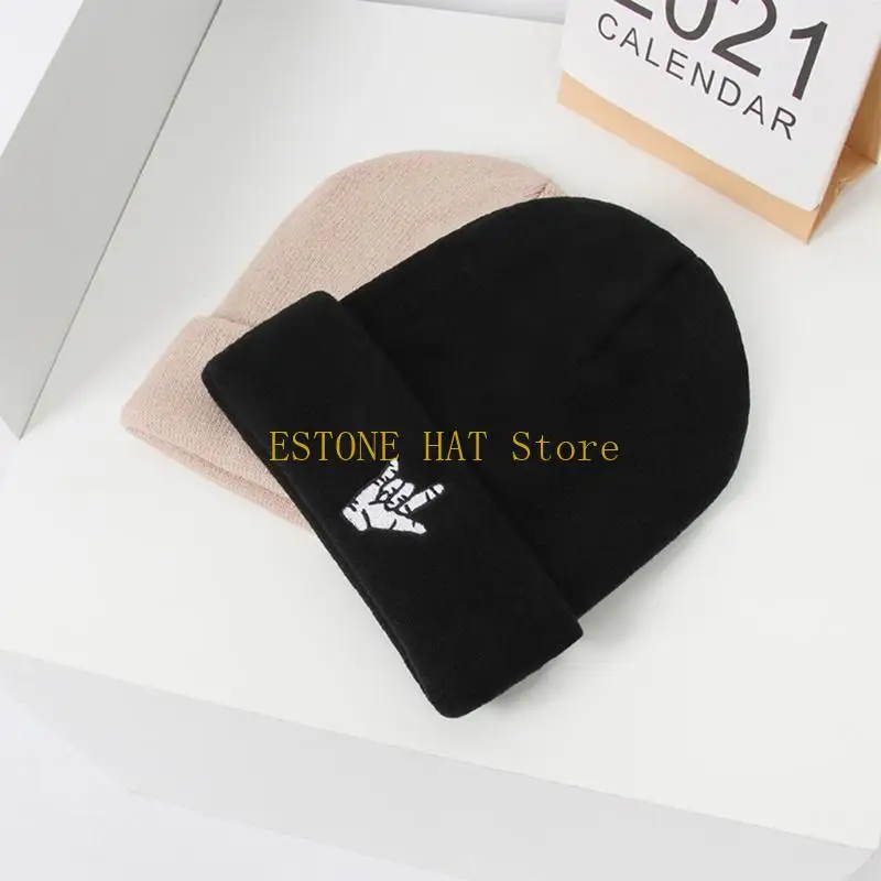 49MF Embroidery Gestures Beanie Hat Hip Hop Woolen Hat All-match Warm for Outdoor Activities in Cold Weather Skiing Riding