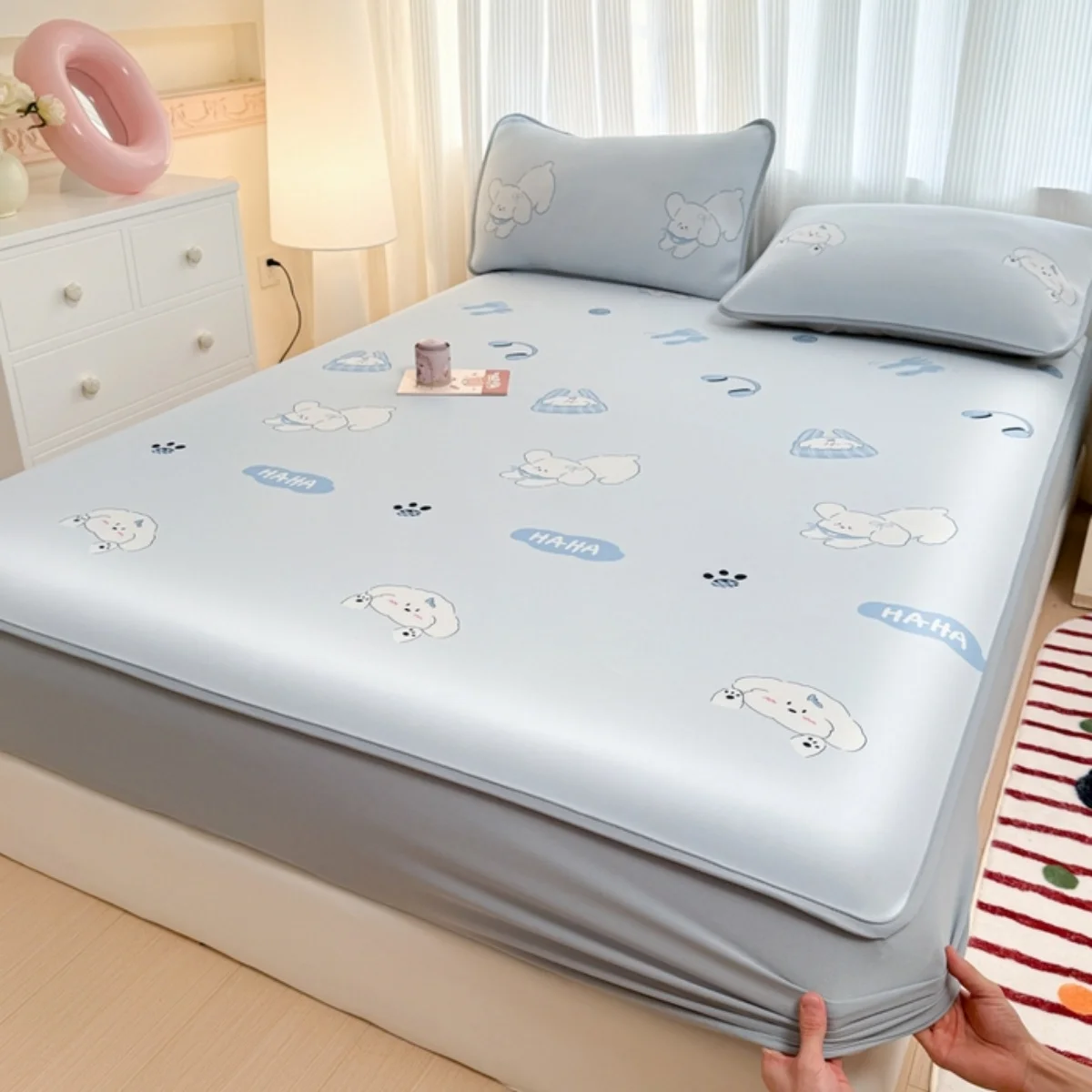 Cartoon Style Coolling Mattress Cover for Summer Cute Animal Fitted Bed Sheet with Elastic colcha de cama casal drap housse