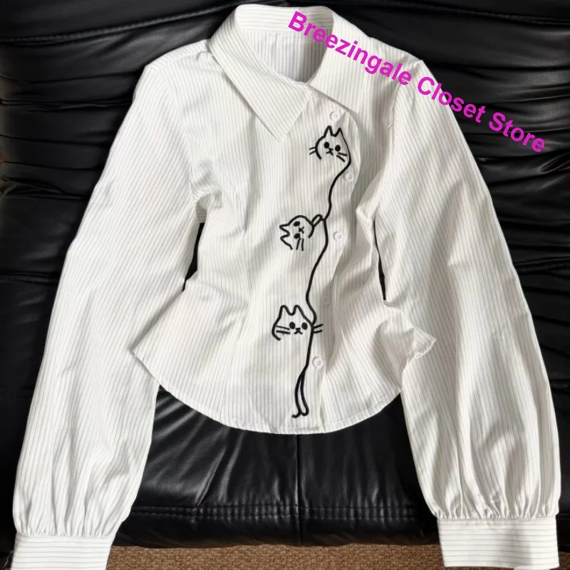 Korean Fashion Fun Cat Print Stripe Irregular Shirt Women's Spring and Autumn New Oblique Button Lapel Waist Bubble Sleeve Top