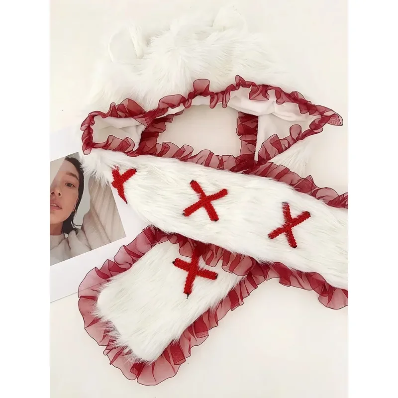 Ins Fashion Lace Edge Design Fox Ears Plush Bomber Hat Y2K Winter Scarf Integrated Neck Protection Warm Sweet Cute Pullover Cap