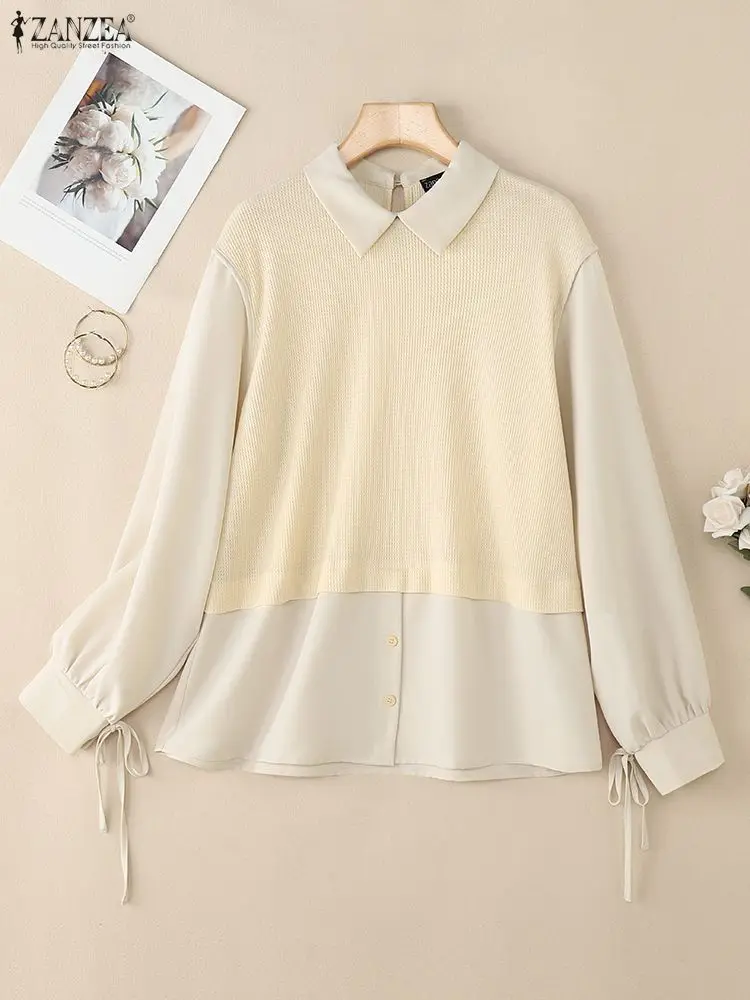 여성 와플 패치워크 블라우스 플러스 사이즈 봄 가을 긴팔 칼라 페이크 투피스 셔츠 ZANZEA 레이지 루즈 탑스 5XL