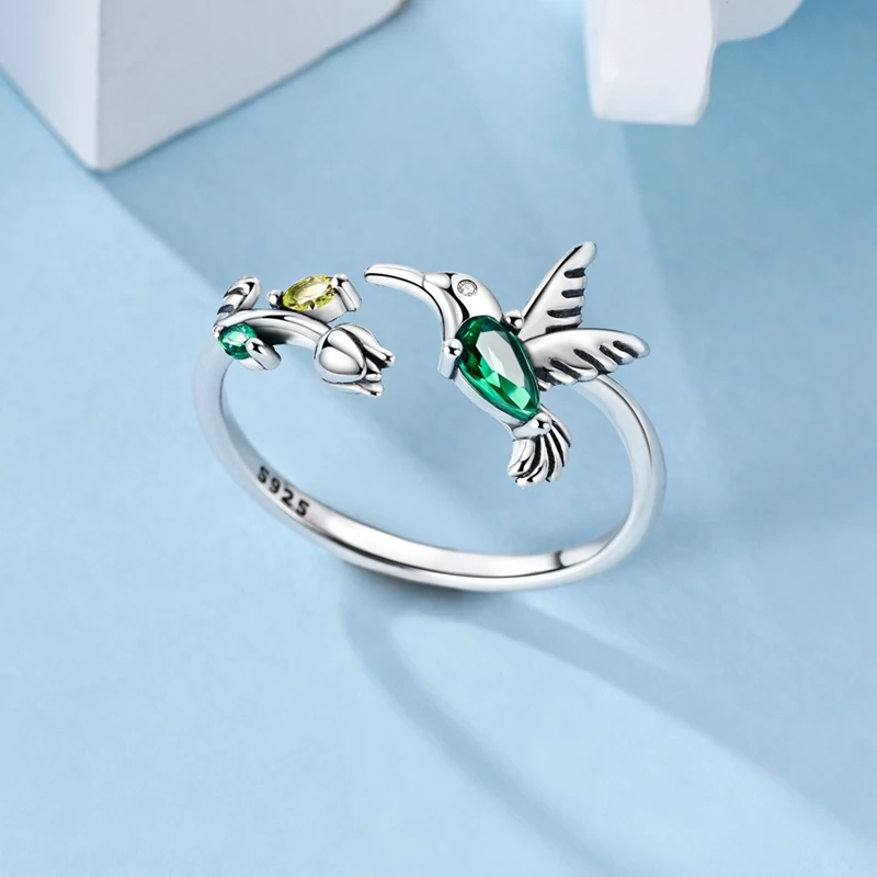 

100% 925 Sterling Silver Tulip Hummingbird Open Rings For Women Girls Wedding Anniversary Jewelry Gift