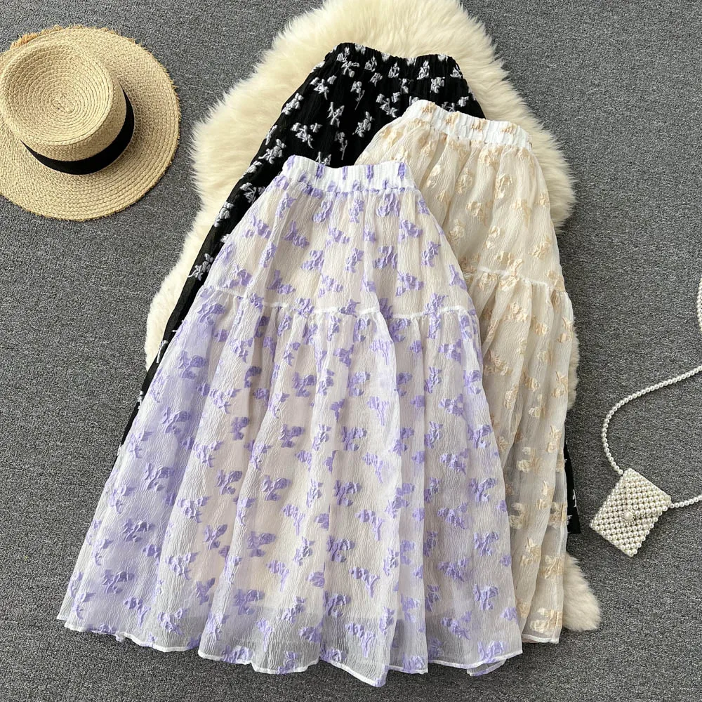 

LUKAXSIKAX 2022 New Spring Summer Women High Waist Slim Midi Long Skirt Korean Sweet Floral Jacquard Skirt