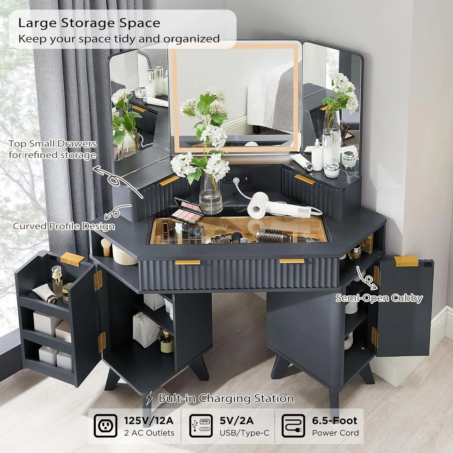 Makeup Vanity Desk with 3 Way Mirror and Lights, 48