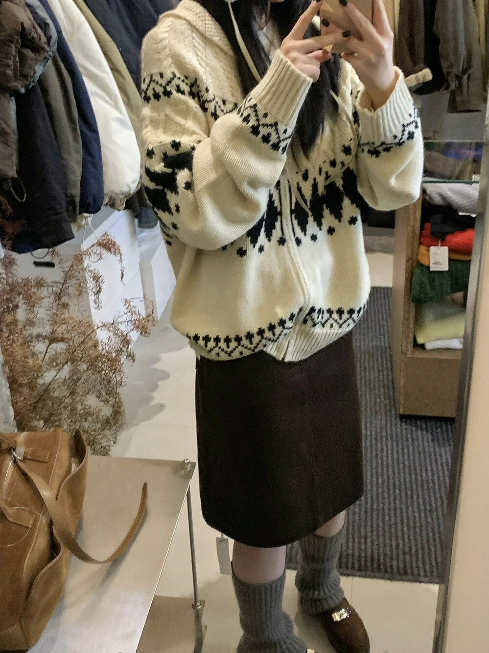 East Gate Winter New Sle Vintage Lazy Bla Fair Isle Knitted Loose Women's Zipper Coat Warm Daily Wear Casual Faion