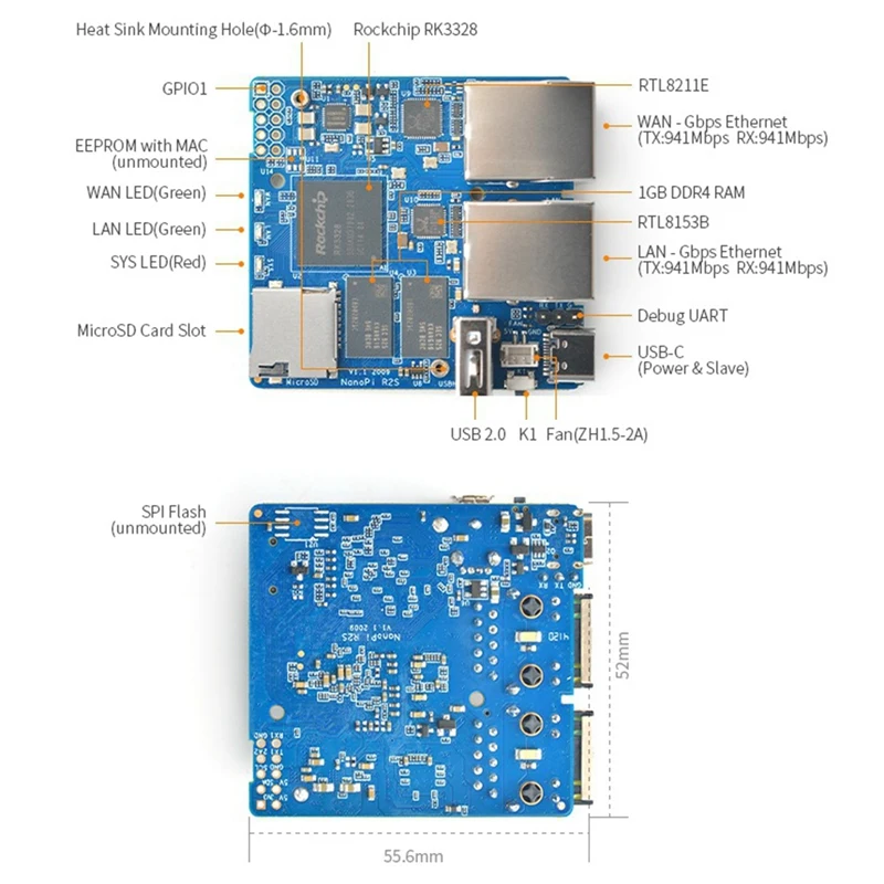 For NanoPi R2S Mini Router Single Board Rockchip RK3328 Quad-Core -A53 Gigabit Ethernet Ports Development Board-A23R
