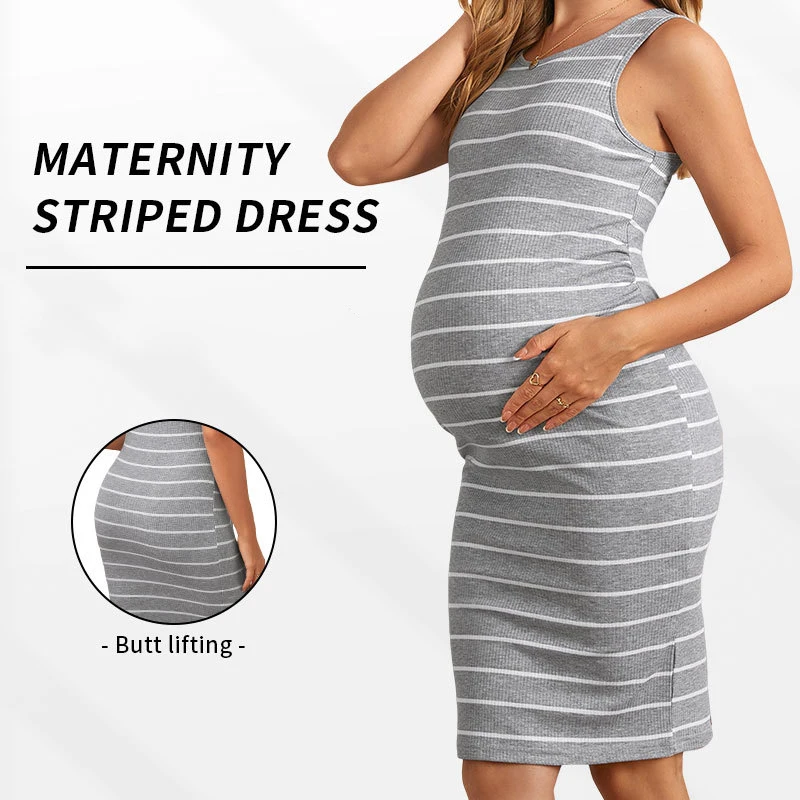 

New Maternity Dress Round Neck Dress Casual Striped Elastic Tight Fitting Sleeveless European and American Pregnancy Wear