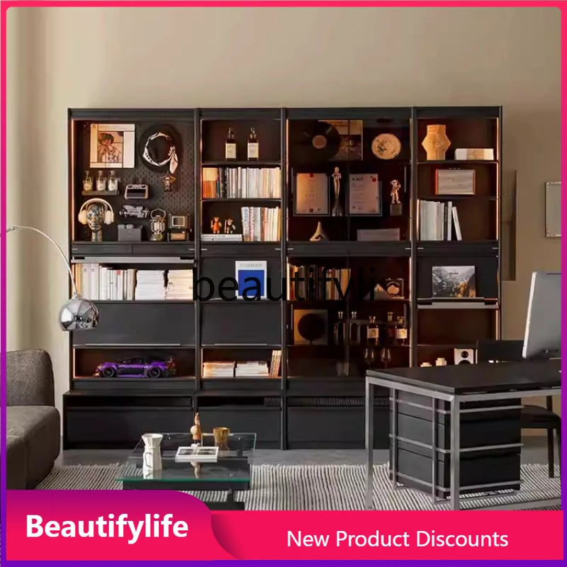 

B6 Solid Wood Full Wall Bookshelf Card Holder Bookcase Living Room Storage Simple Black Bookshelf Combination Cabinet