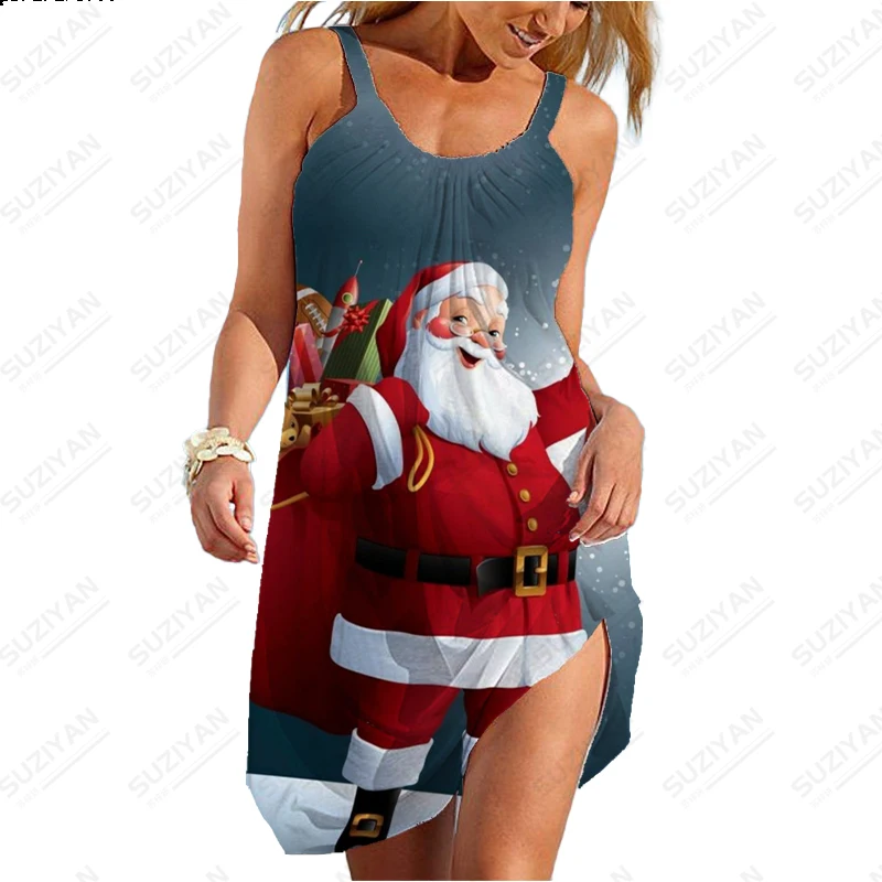 

2023New Fashion Summer Women's Dress Christmas Santa Claus 3D Printed Beach Dress with U Neck Short Sleeve Hawaiian A-line Dress