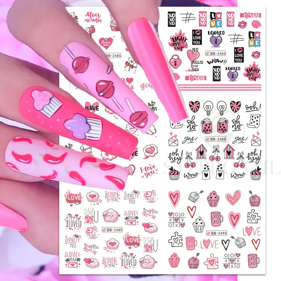 12pcs Pink Love Nail Art Water Sticker Combo Cute Young Girl Candy Cartoon Transfer Decals Tips Watermark Slider Manicure SLBN