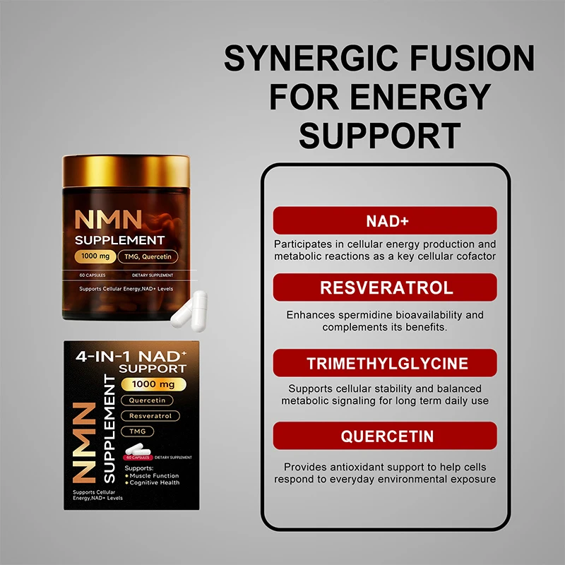 4 in 1 Resveratrol NAD+ Capsule 1000mg  Hyaluronic Acid Grape Blueberry Peptides Endurance Supplements Quercetin Capsules