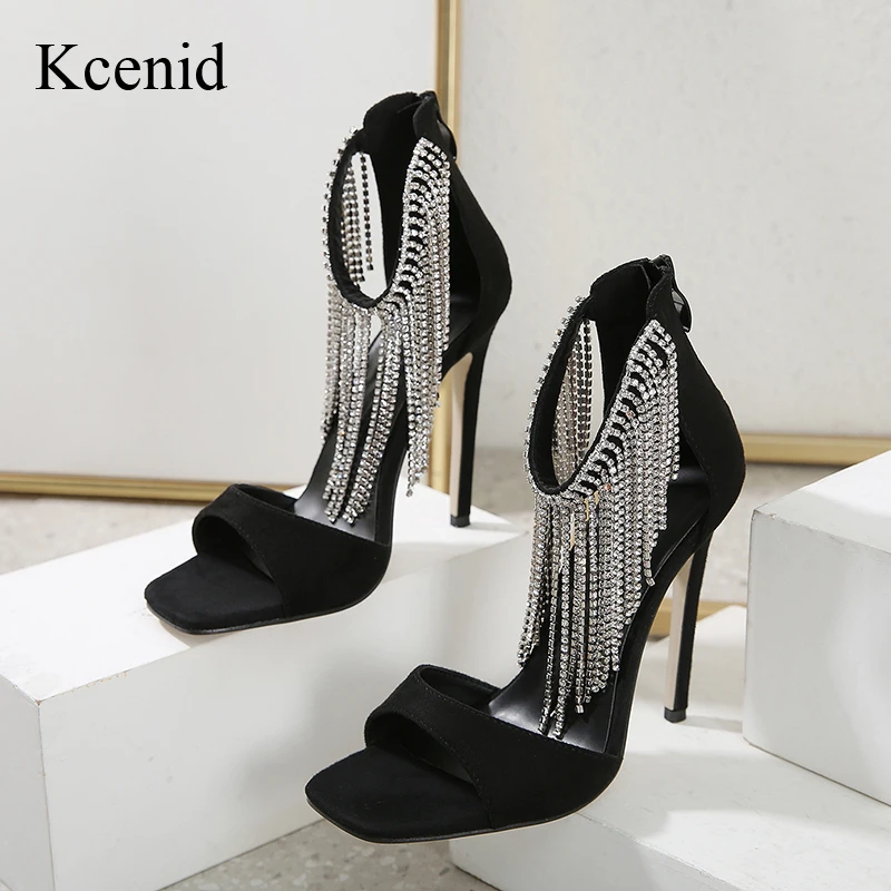 

Kcenid New Luxury Rhinestone Fringe Women`s Open-toe Stiletto Sandals Party Shoes Woman Ankle Strap Sandals Prom Stripper Shoes