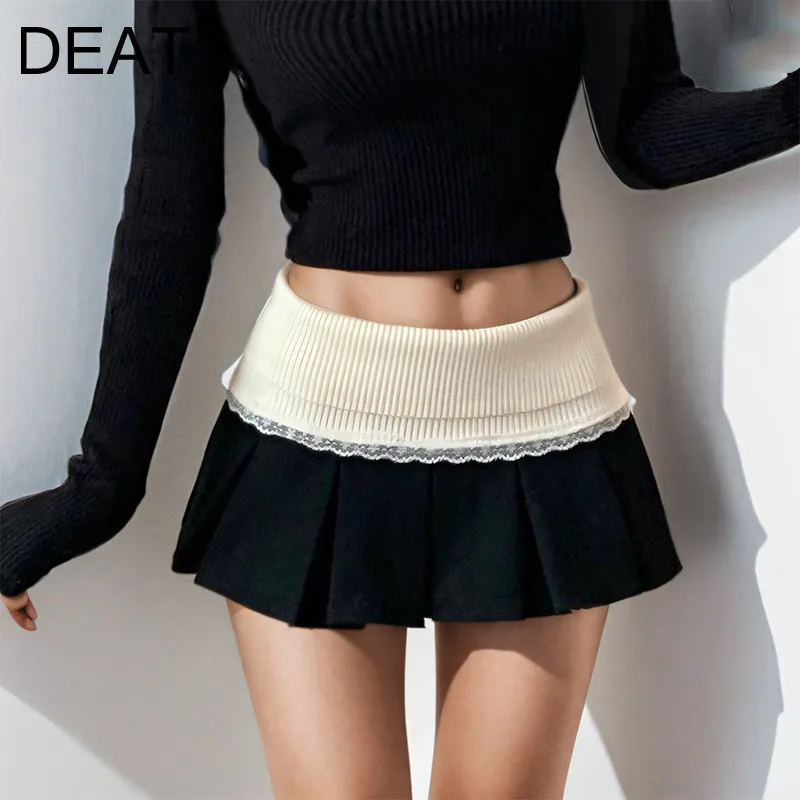 DEAT Women's Fashion Threaded Patchwork Contrast Color Knitted Skirts High Waist A-line Skirt Female 2024 Winter New 11A01849