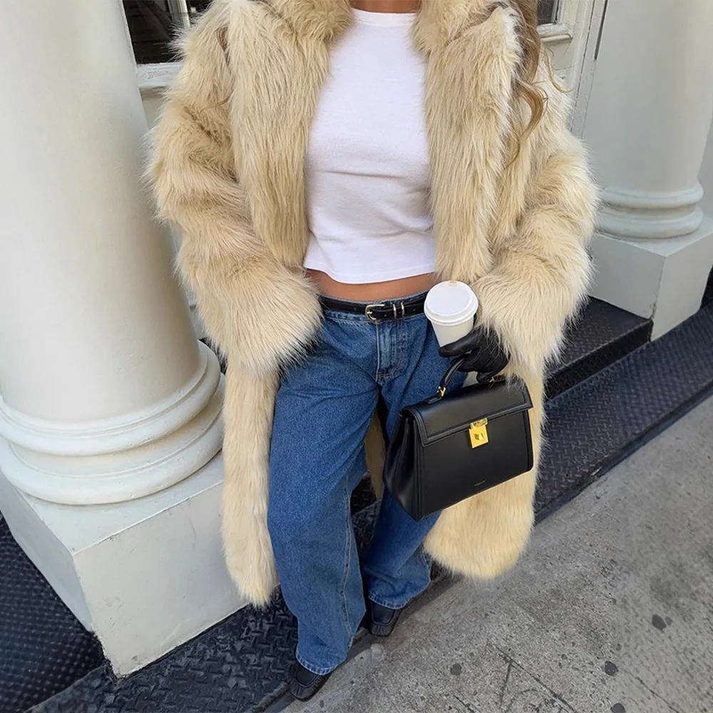Comfortable Winter Women Mink Fur Outwear Yellow Lapel Collar Plush Female Eco Fur Coat Long Desinged Faux Fur Jacket For Lady