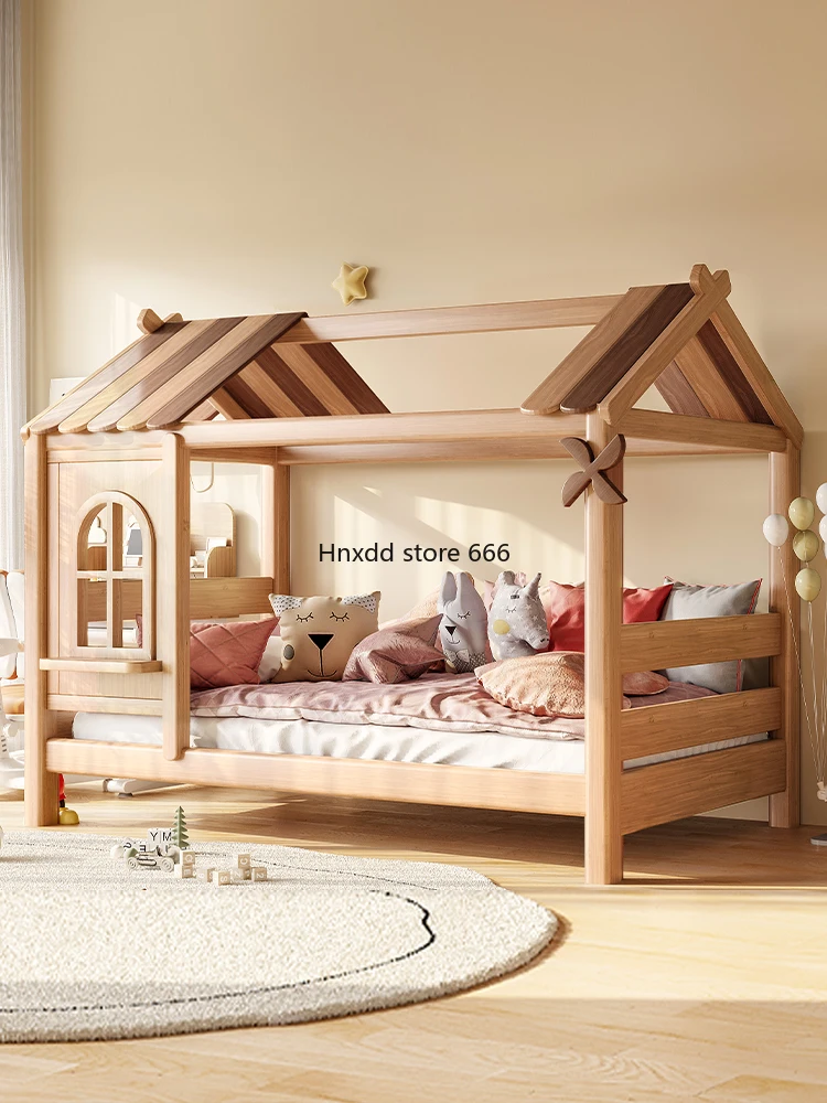 Children's full solid wood tree house bed with guardrail tent