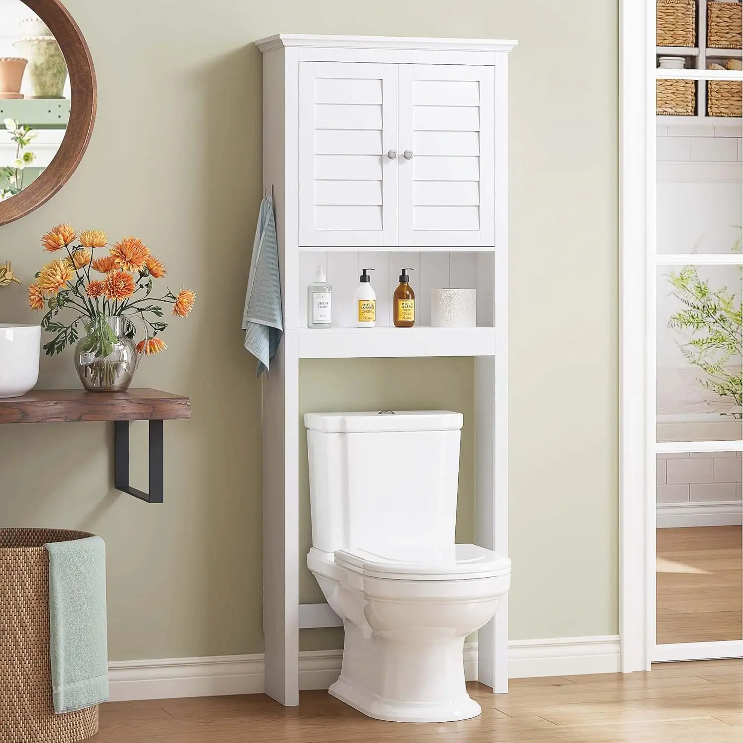 

Over The Toilet Storage Cabinet, Space-Saving Above Toilet Bathroom Organizer with Adjustable Shelf and Hooks, White