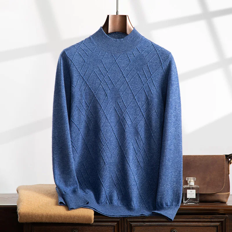 New Autumn And Winter Collection (100% Cashmere) Men's Round Neck Diamond Versatile Temperament Casual Sweater