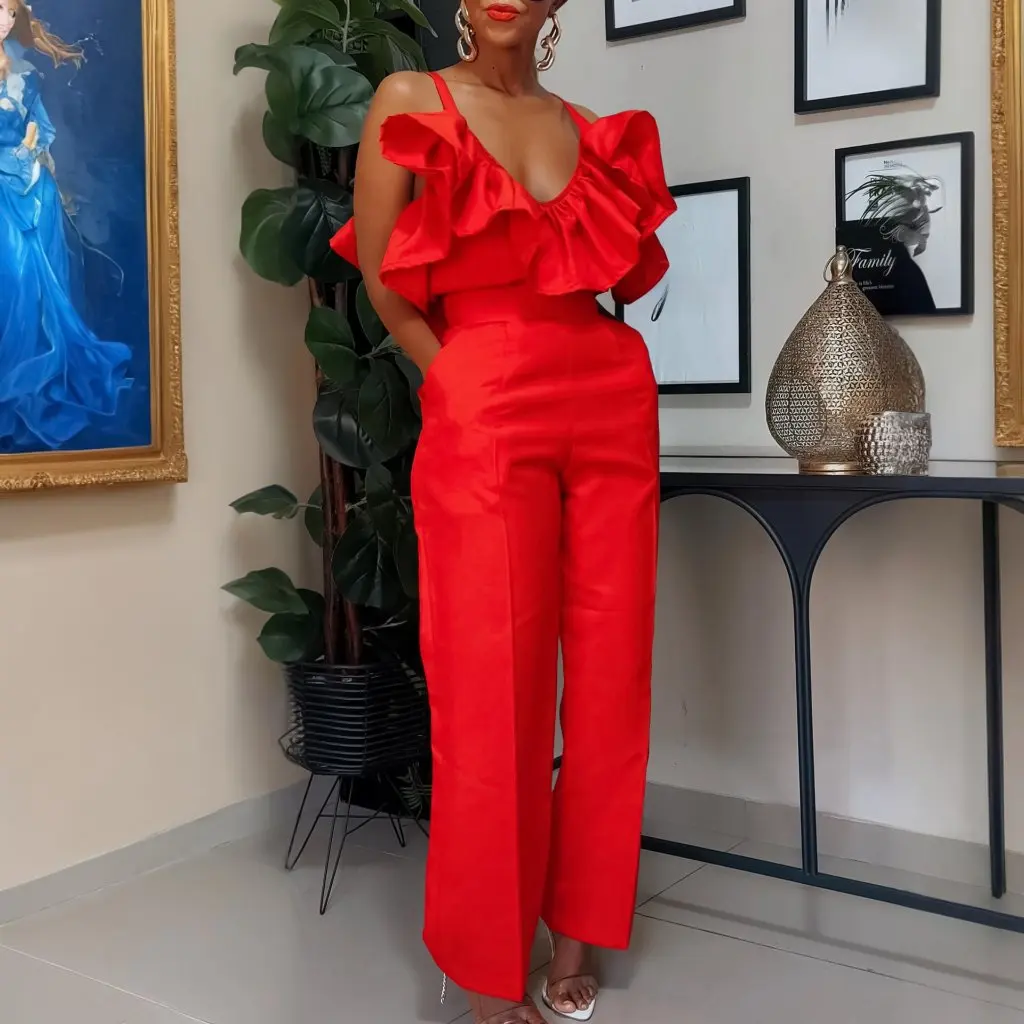 

European And American Style Women's Fashion V-neck Ruffled Sling Top And High Waist Trousers Set Summer New Arrival