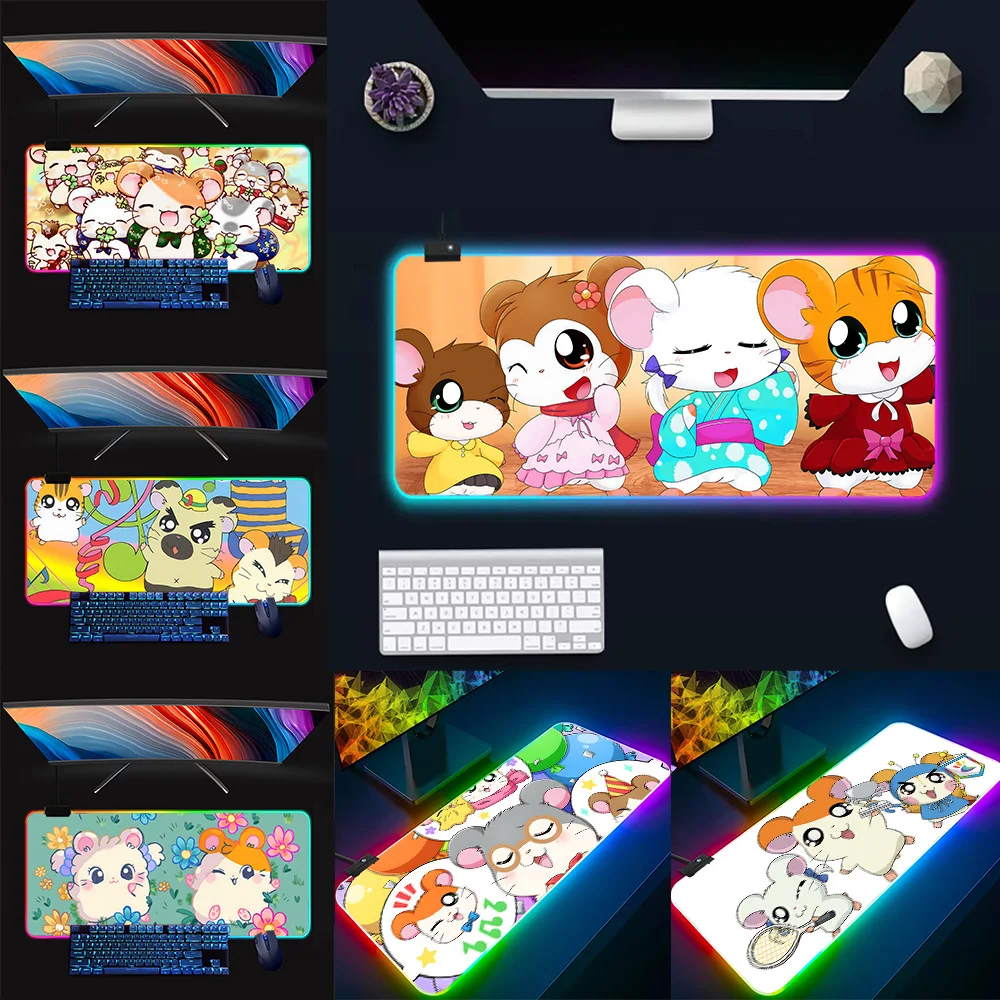 Cute hamster h-hamtaro RGB Pc Gamer Keyboard Mouse Pad Mousepad LED Glowing Mouse Mats Rubber Gaming Computer Mausepad