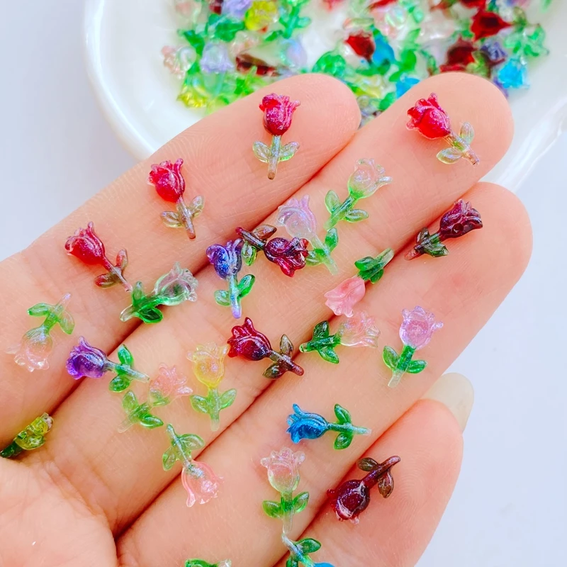 100pcs Resin Glitter Mini Cute Colorful Rose  Art Nail Flatback Rhinestone Applique DIY Wedding Scrapbook Decor Craft