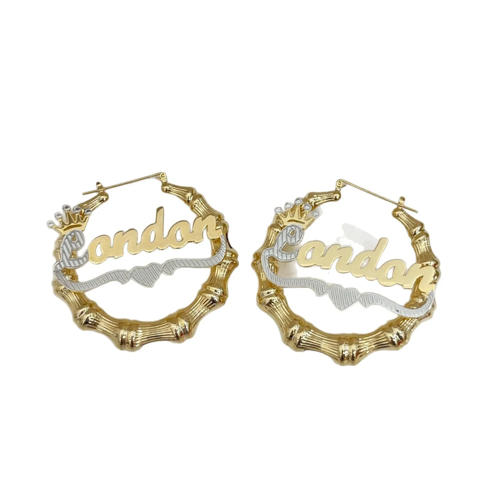 Custmized Two-color Heart round Big Bamboo for Women Name Earrings Personalized Stainless steel Jewelry Set Christmas Gifts