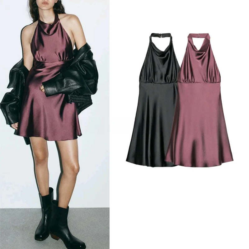 New Autumn Women's ort Silk Satin Dr Bal Design Hanging Collar Neline Pleated Skirt Casual Sle without Sve