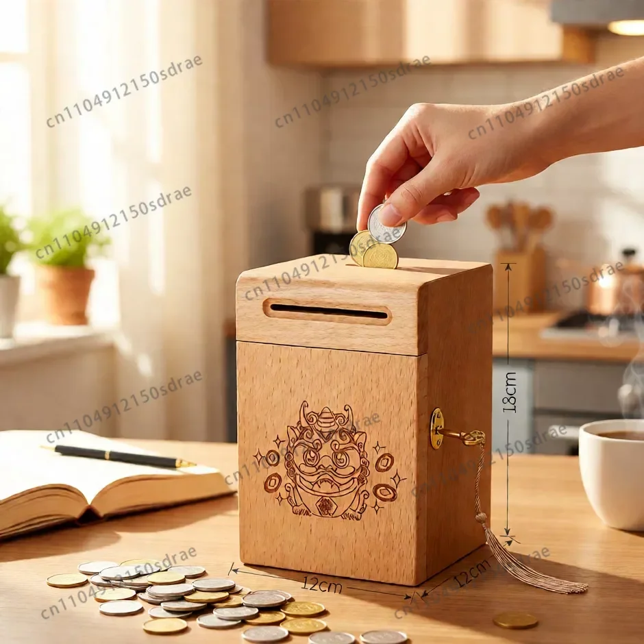 Piggy Banks for Adults, Solid Wood Money Bank, Walnut Handmade Money Saving Box with Lock, Wooden Safe Coin Jar, Home Decoration