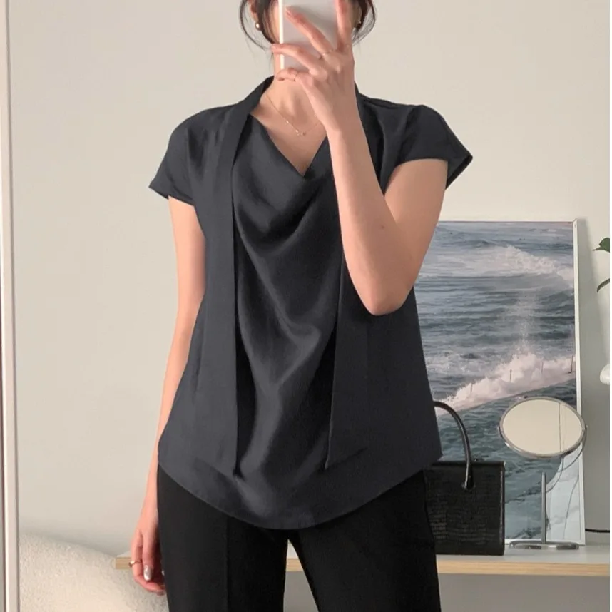 

Корейский шикарный летний топ Pure Desire с ароматом колокольчика, свободный утягивающий топ Fly Sve, женский топ с пышным воротником и бантом irt