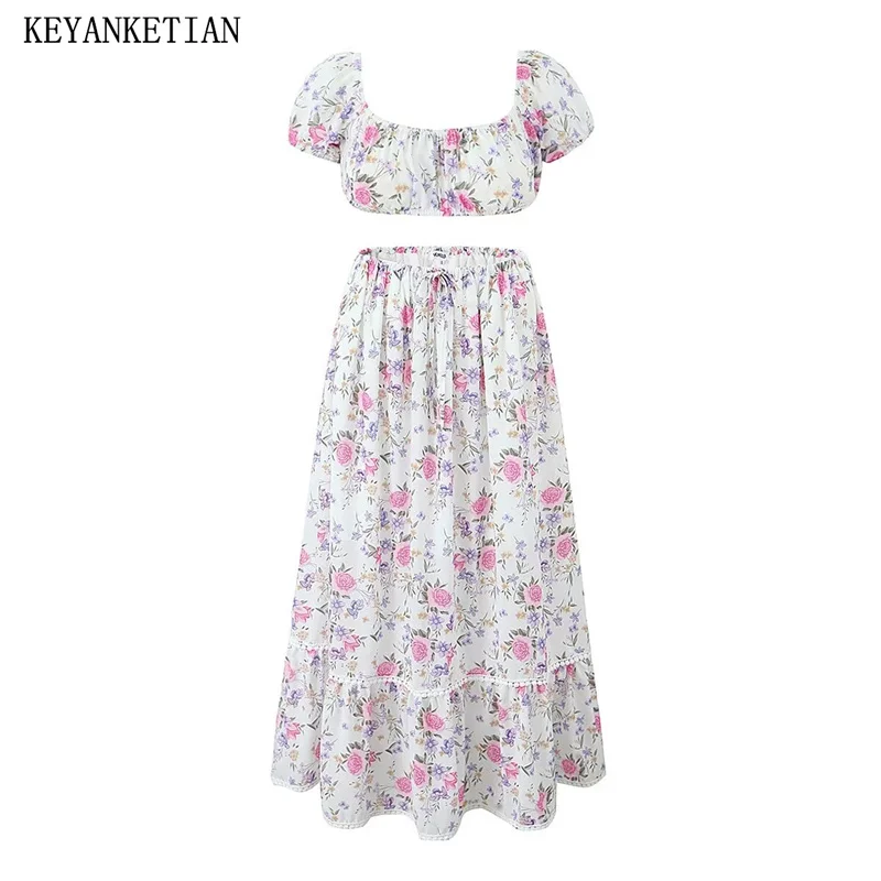 KEYANKETIAN New Holiday wind Flower Print Puff Sleeve Crop Top Lace  Decoration Elastic Waist MIDI Skirt Women's Two Pieces Sets