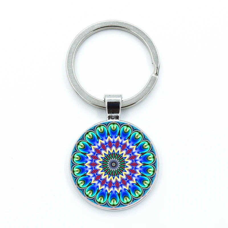 Fashion Jewelry Dome Glass Alloy Keychain Mandala Kaleidoscope KeyRing Bag Car Key Chain Ring Holder Charms Jewelry Gifts