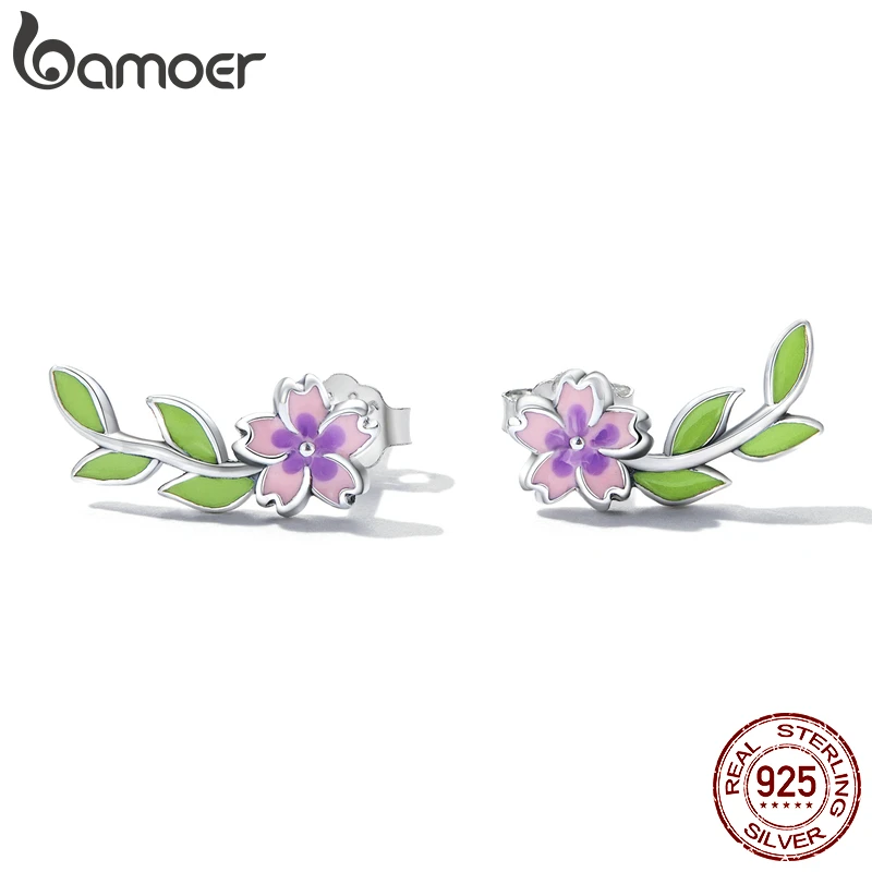 

BAMOER 925 Sterling Silver Delicate Pink Flower Earrings Flower Leaf Stud Earrings Green Leaf Hoop Earrings for Women Jewelry