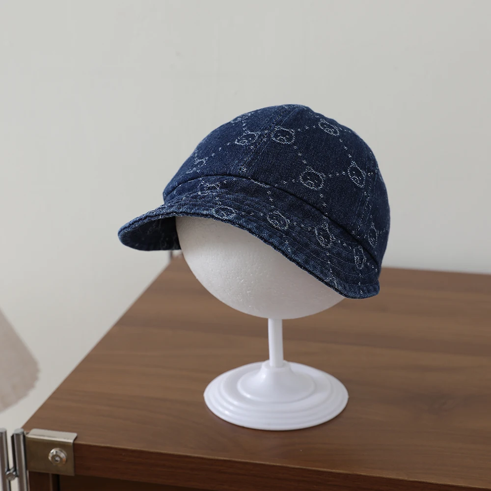 Retro water-washed denim children's baseball cap with full pattern of small bear diamond jacquard soft brim fisherman hat view 2