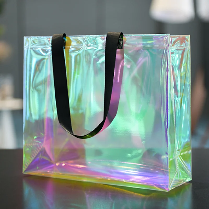 StoBag 25pcs Laser Transparent Shopping Tote Bag Shoulder Gift Woman's Plastic Clothes Packaging Pouch Custom Logo(Extra Fee)