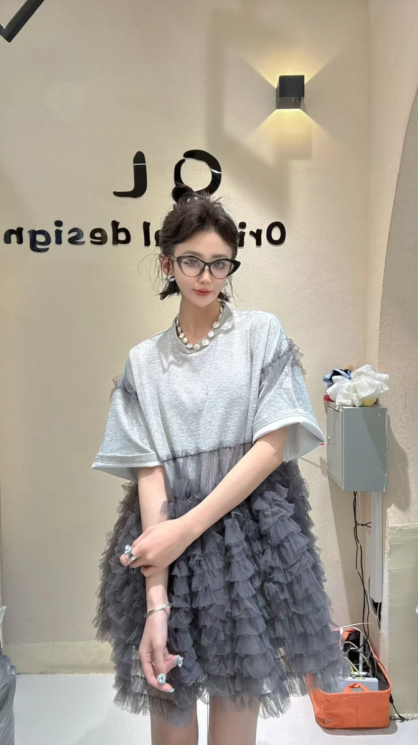 Zomer Luxe Vrouw Mesh Gesplitste Ruches T-shirts Gaas Geplooide Ruches Tee Jurk Korte Mouwen Garen Lotus Jumpers Tops Vestidos