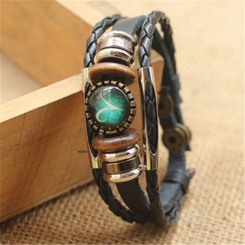 Fashion Punk Men Jewelry 12 Horoscope Leather Bracelet Retro Wooden Bead Charm Bracelet Female Male Jewelry Gifts Wholesale image 5