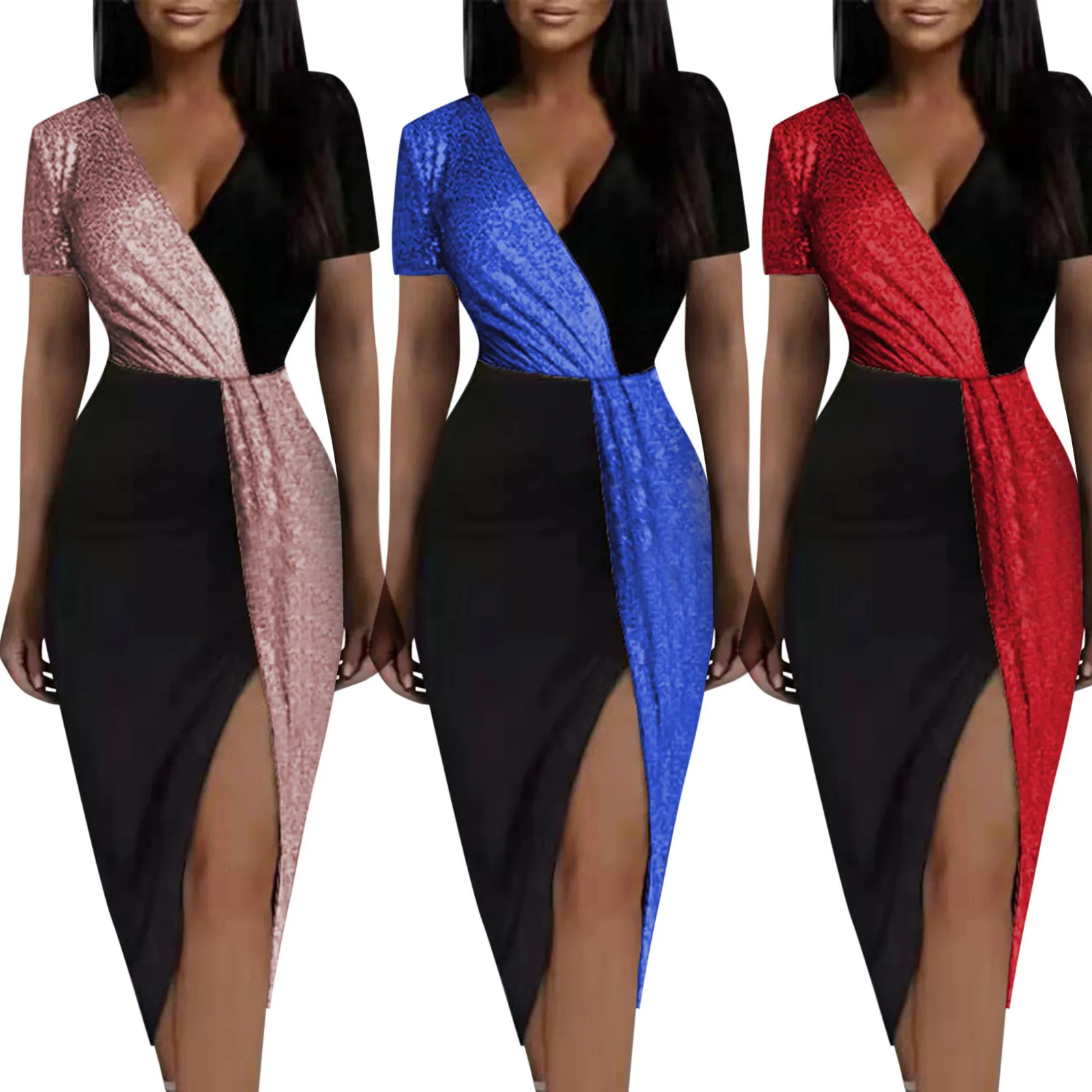 Hot Sale Ladies Sexy Cocktail Party Dresses For Women 2022 Plus Size Colorblock Sequined Waist Dress Cocktail Dress robe femme