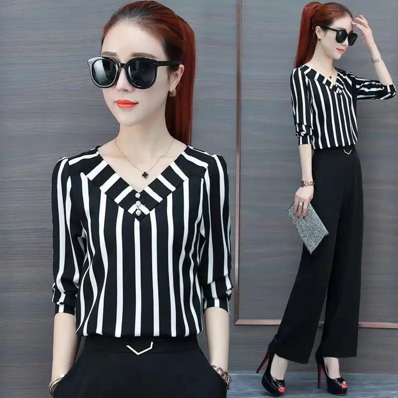 Women\'s Elegant Casual Tops Office Lady Simplicity Striped 3/4 Sleeve Shirts Women Clothes Temperament Summer New Style Fashion