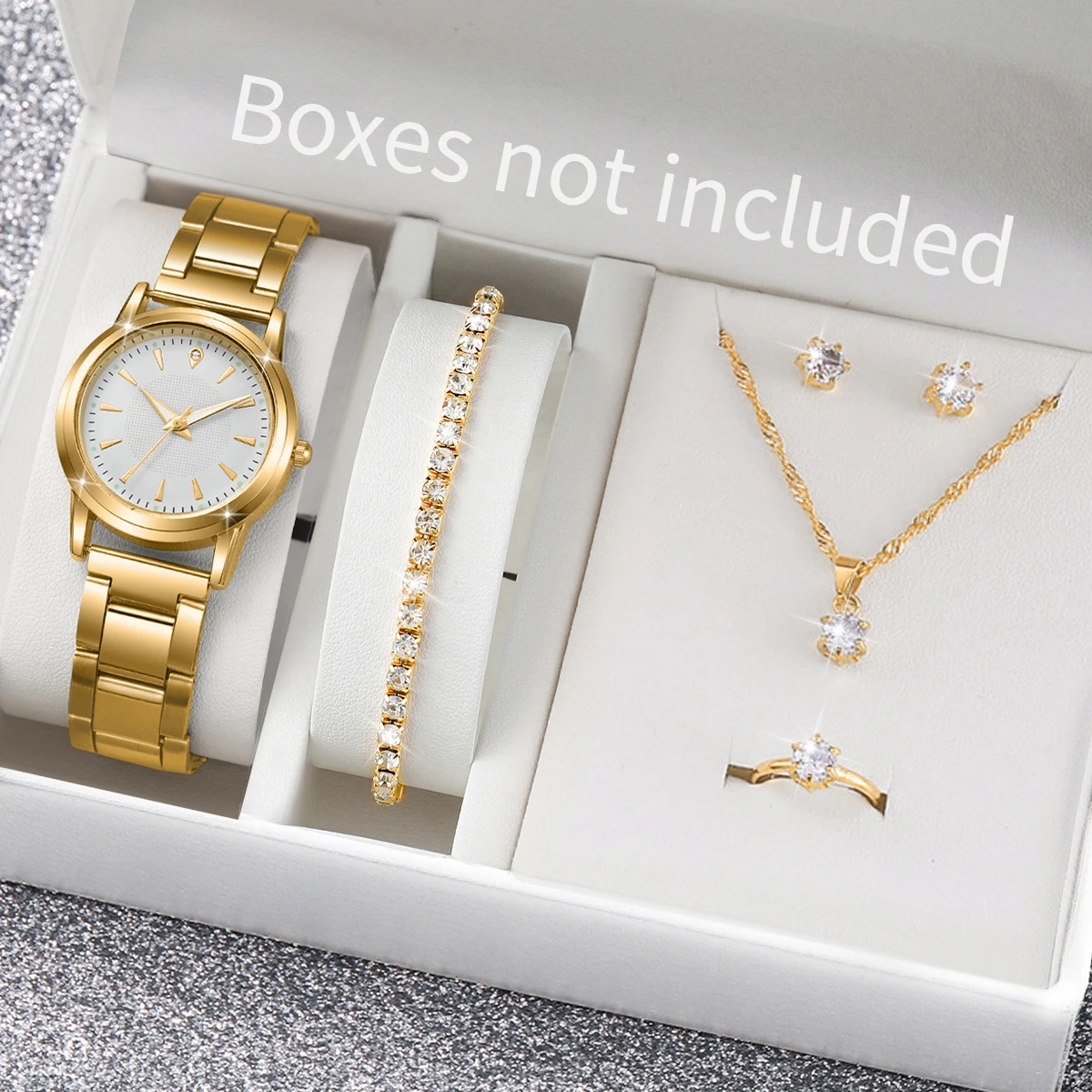 6PCS/Set Women Watches Fashion Gold Plated Band Ladies Quartz Watch Rhinestone Jewelry Set Reloj Mujer（Without Box）